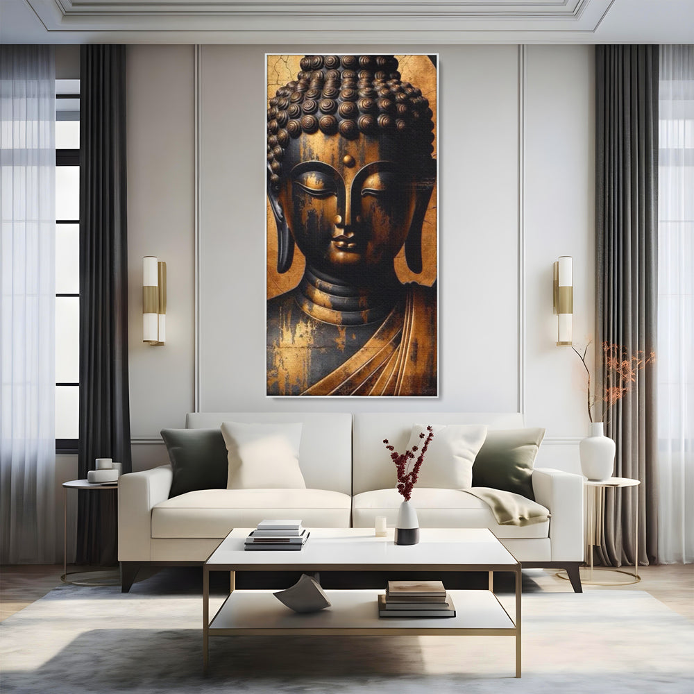 Tablou canvas cu tablou canvas cu capul lui buddha, in rama de aluminiu argintiu, pe perete intr-un living